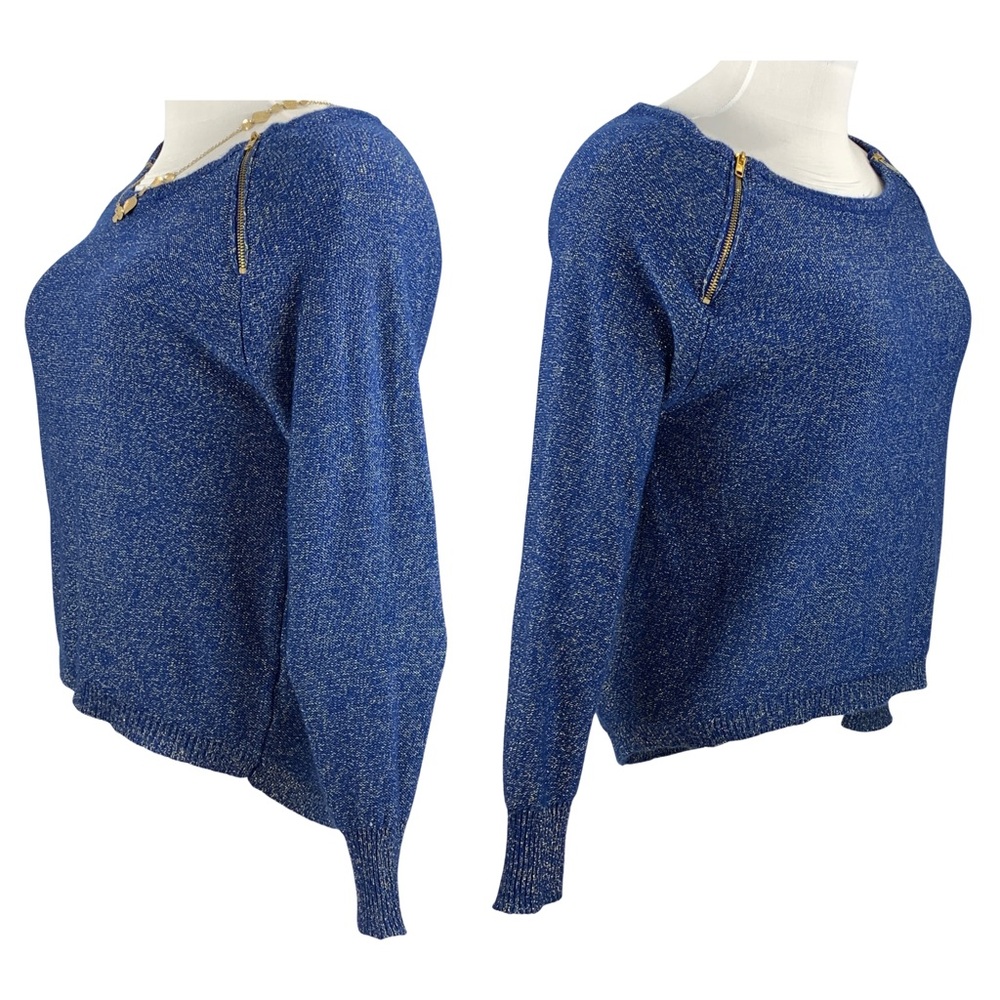 BISOU BISOU Blue w/ Metallic Zippered Shoulders Long Sleeve Sweater size Large - Picture 5 of 14